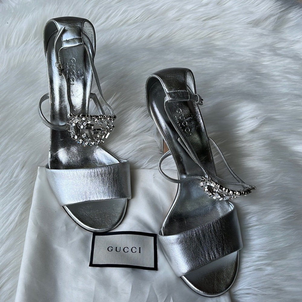 Gucci Crystal GG High Heel Sandal Size 37 US 7 Silver Leather Strappy